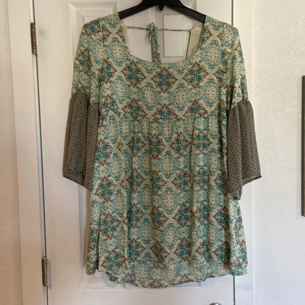 Umgee Aqua Teal Patterned Mini Dress with Olive Bell Sleeves - Picture 4 of 11
